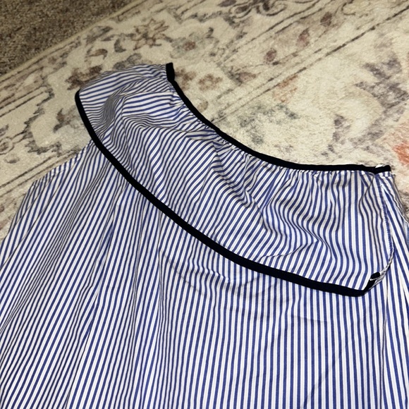 J. Crew women’s size 4, blue striped one-sleeve blouse - Picture 2 of 2
